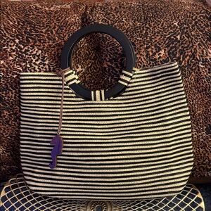 Liz Claiborne Black and Cream Striped Tote with Round Handles